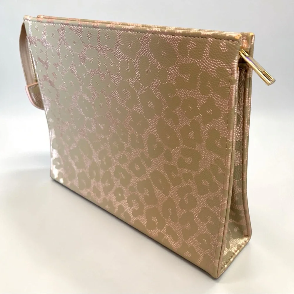 NWT Hollis Leather Leopard Print Accessory Pouch Zippered 10”x7.5” Travel Bag - Picture 7 of 15